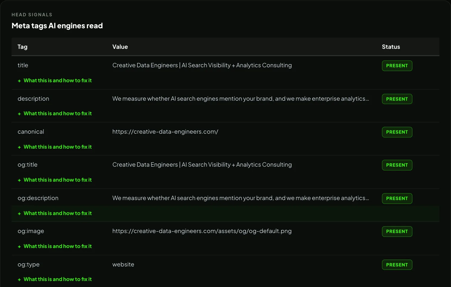 The meta-tag table of the free snapshot: title, description, canonical and Open Graph rows all present, each with an expandable what-this-is-and-how-to-fix-it explanation