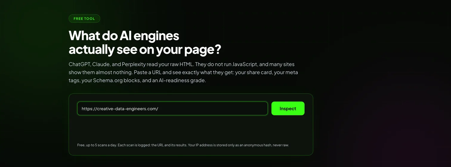 The AI Visibility Inspector scan form with a URL pasted in, above the note that scans are free, capped daily, and logged with an anonymous IP hash