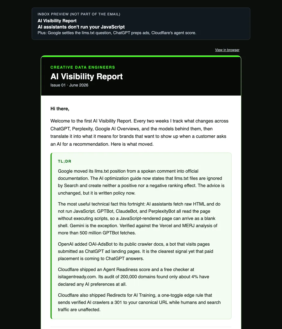 The branded AI Visibility Report issue email: dark masthead, Issue 01 June 2026, greeting, intro and TL;DR box, shown with its inbox subject line preview