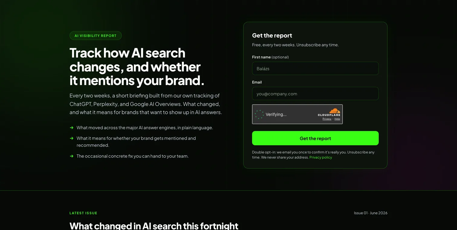 The AI Visibility Report signup page: headline, three-point promise, and the form with first name, email, a live Cloudflare Turnstile check, and the double-opt-in note
