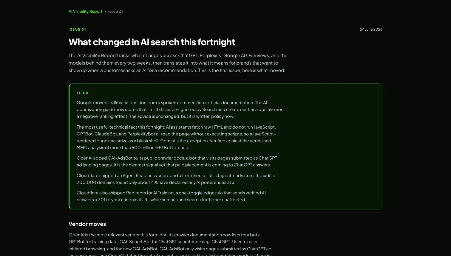 A published issue of the AI Visibility Report on the web: Issue 01, What changed in AI search this fortnight, with its TL;DR box of findings