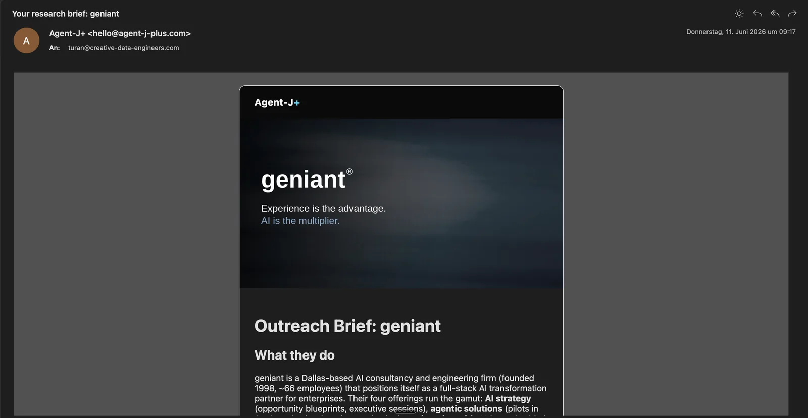 A research brief email titled Outreach Brief for a company, with a branded header and a What they do section