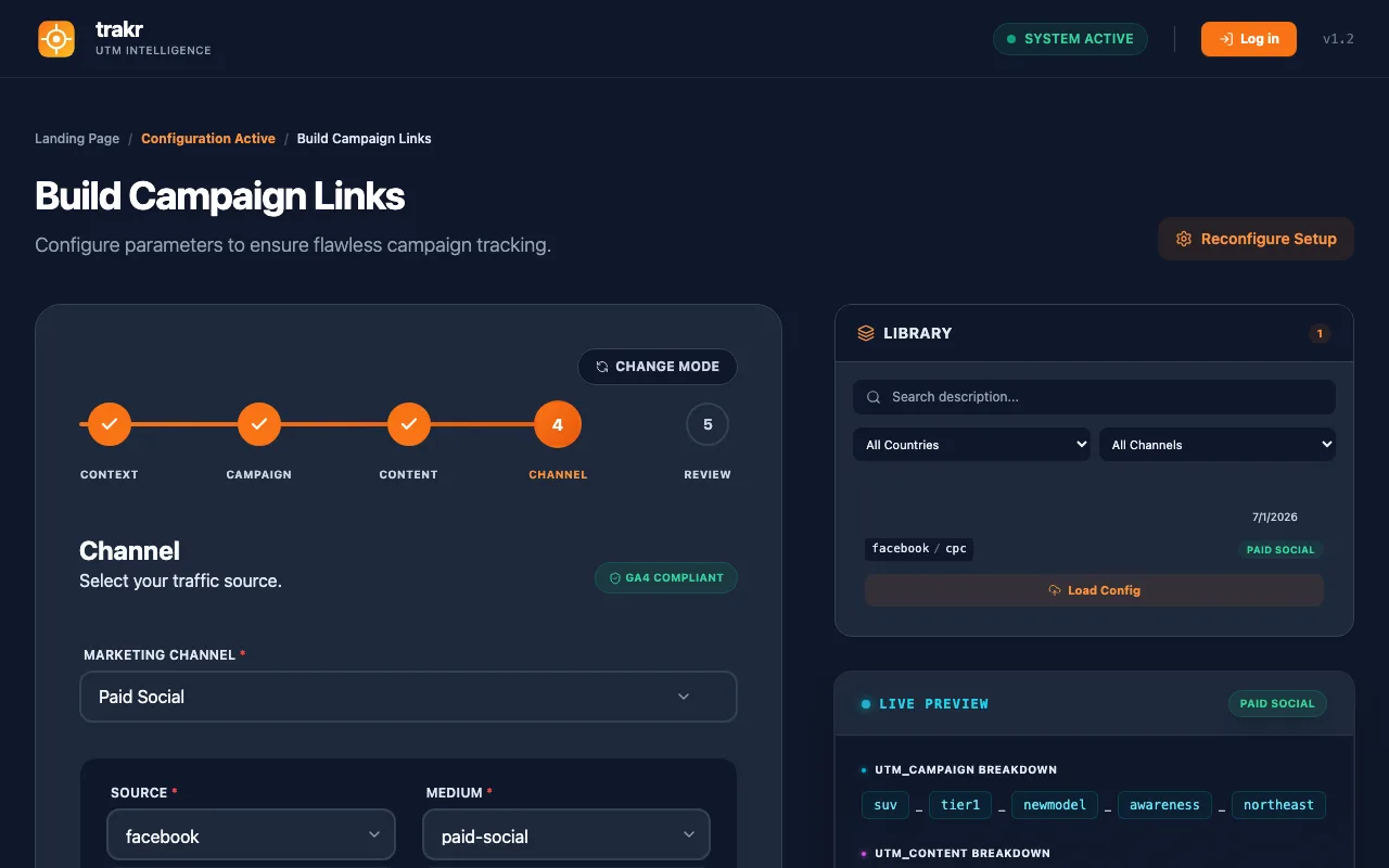 Trakr's guided builder on the Channel step: a Paid Social channel selected, source and medium auto-populated, with the saved-config library and live UTM preview beside it