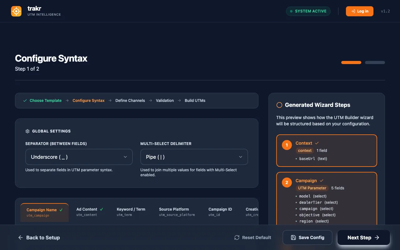 Trakr's Configure Syntax screen: global separator settings, UTM parameter fields, and a live preview of the generated wizard steps