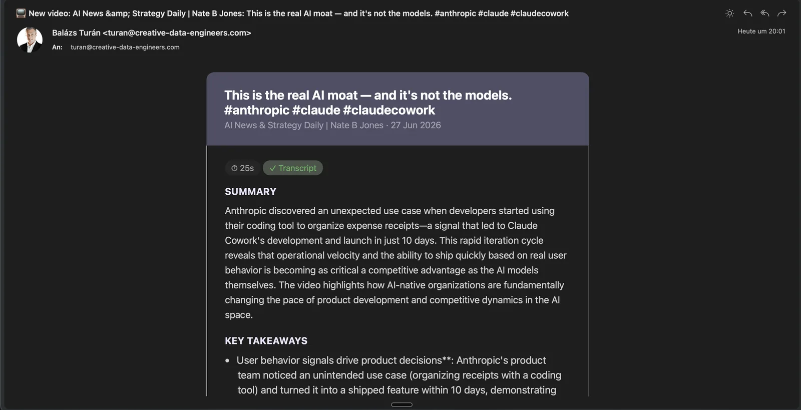 A YouTube summary email in an inbox: the subject line, the sender, and a rendered HTML card with the video title, a short summary, and key takeaways